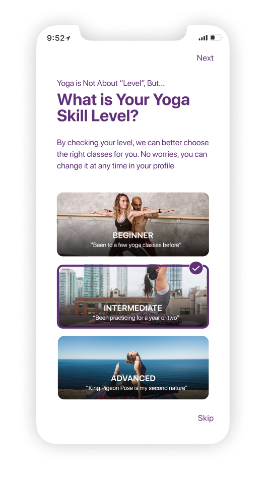 What is you yoga skill level screen - Mat app