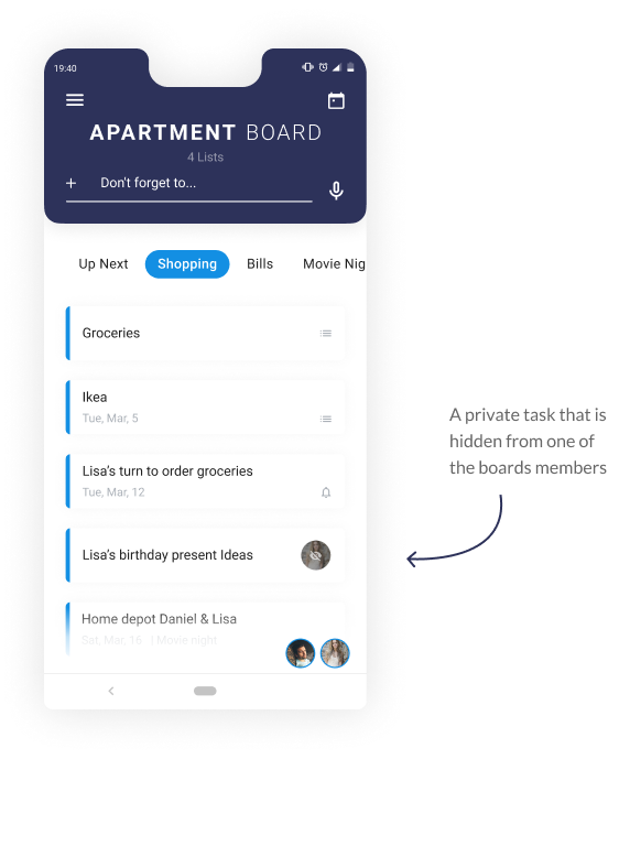 Schedule Apartment Board, Shopping list screen - Schedule app