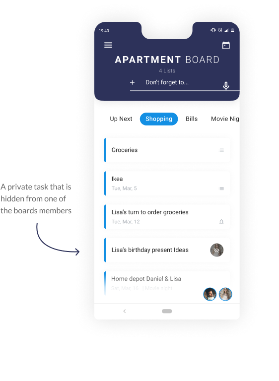 Schedule Apartment Board, Shopping list screen - Schedule app