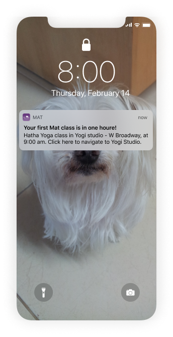 Notification on the user's phone that makes sure they don't forget about the class - Mat yoga app